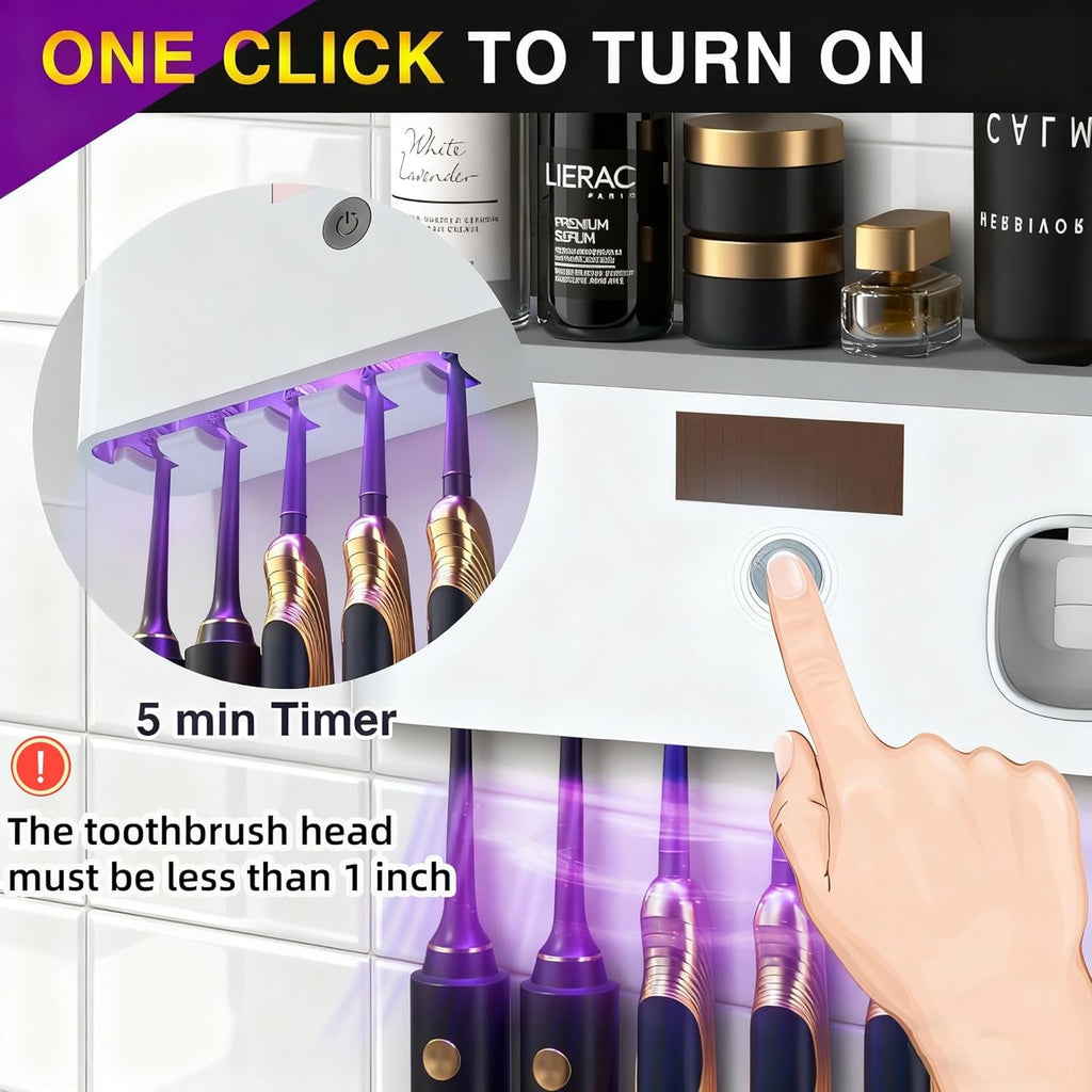 Wall Mounted Toothbrush Holder with Toothpaste Dispenser Electric Toothbrush Holder for Bathroom Solar Charging and No Drilling Required Smart Toothbrush Organizer with 5 Brush Slots