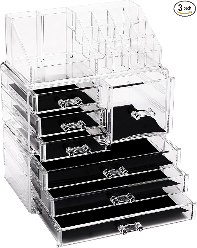 Sea Team 3-Layer Stackable Clear Makeup Organizer with Drawers, Acrylic Plastic Cosmetic Display Case, Jewelry Storage Box for Dresser, Bathroom, Vanity, Countertop (7 Drawers, 1 Lipstick Holder)