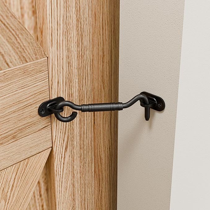 2 Pack 4'' Door Latch Door Lock Hardware, 4'' Stainless steels Hook and Eye Gate Latch Easy Lock for Barn Door,Black Sliding Door Lock with Screws for Window, Cabin Hooks