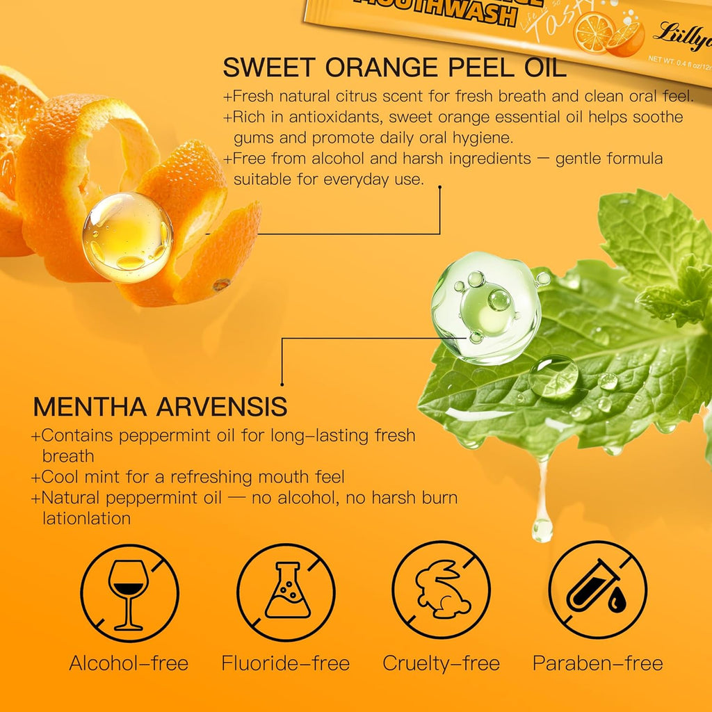 Mouthwash Travel Size, Individual Mini Mouthwash Alcohol Free, Orange Mint for Fresh Breath, Oral Care, Teeth & Gum Health, TSA Compliant, Portable Packets to Go, 0.41 Fl Oz x 20 Packs