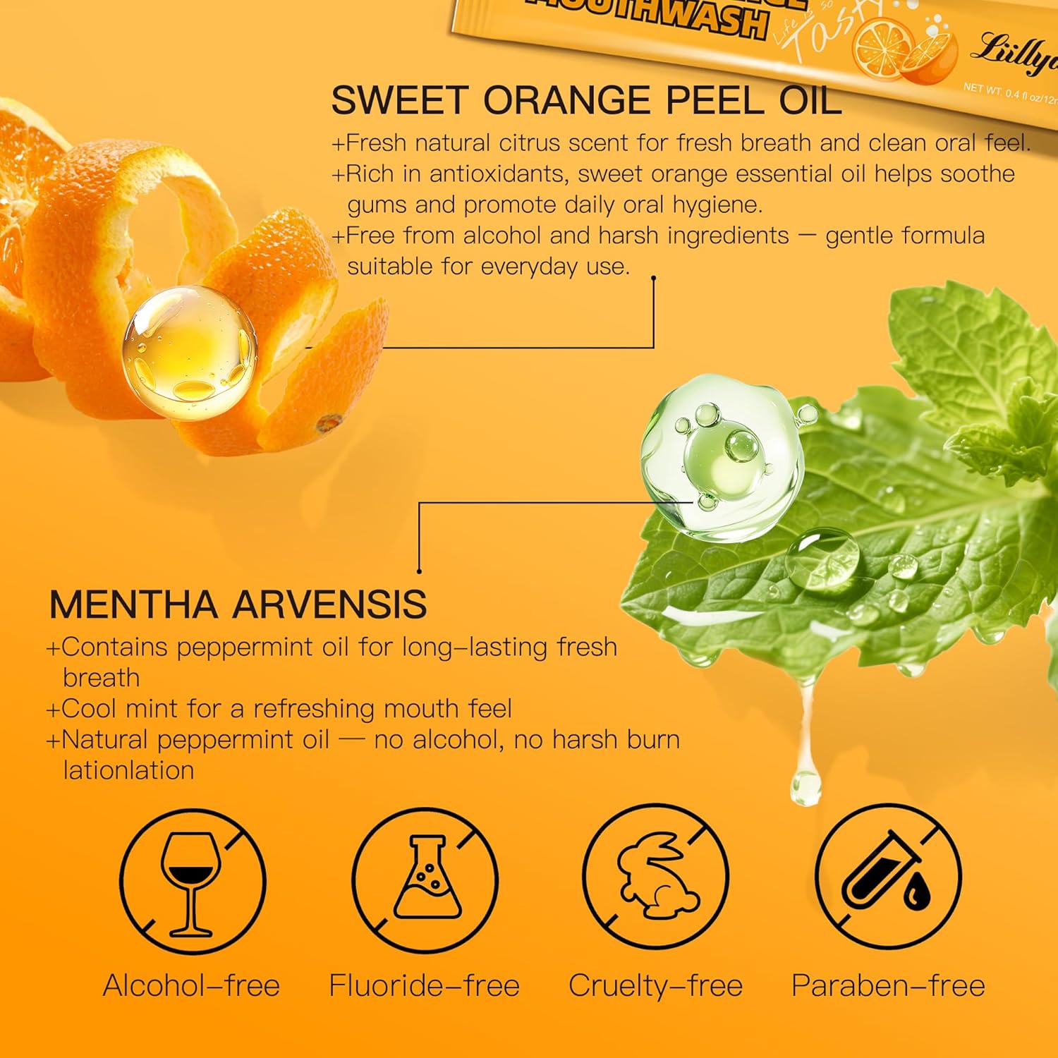 Mouthwash Travel Size, Individual Mini Mouthwash Alcohol Free, Orange Mint for Fresh Breath, Oral Care, Teeth & Gum Health, TSA Compliant, Portable Packets to Go, 0.41 Fl Oz x 20 Packs