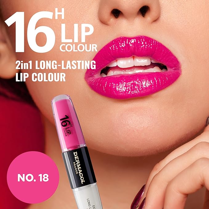 Dermacol NEW 16-Hour Lip Colour, Highly Pigmented Glossy Lip Stain, Two-Phase Lip Plumper Gloss, Kissproof Lip Makeup Products with Matte and Glitter Finish, n. 18
