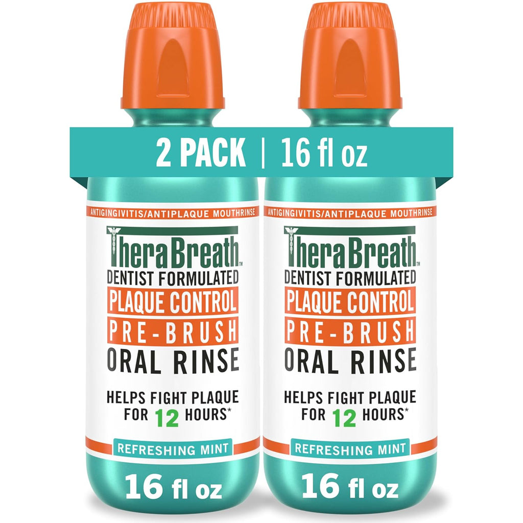 TheraBreath Plaque Control Pre-Brush Oral Rinse, Refreshing Mint Flavor, Antigingivitis and Antiplaque Rinse, Dentist Formulated, Alcohol Free, 16 Fl Oz (Pack of 2)