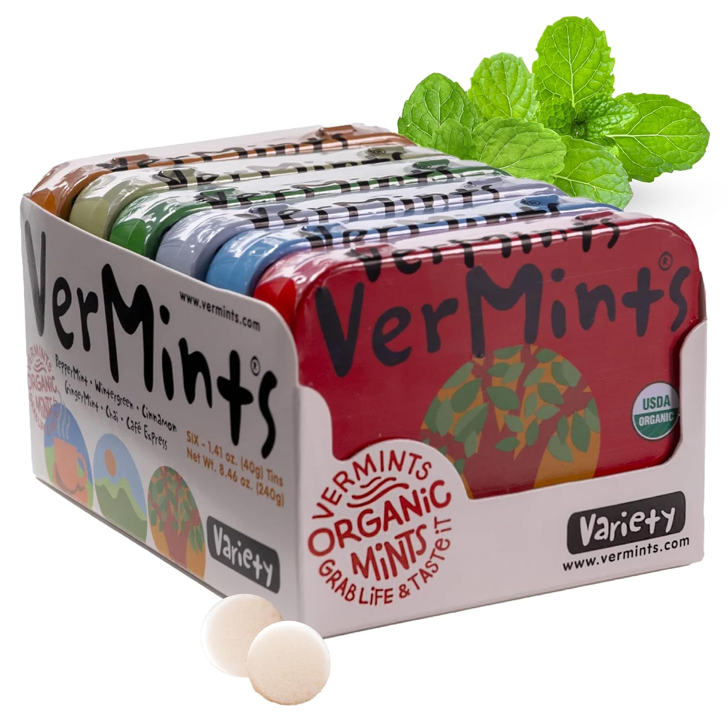 VerMints Organic Breath Mints – Peppermint, Ginger, Wintergreen, Cinnamon, Chai & Cafe Express Flavored Mints - Non-GMO, Gluten-Free, Vegan & Kosher Healthy Refresh - 1.41oz – 6 Variety Travel Tins