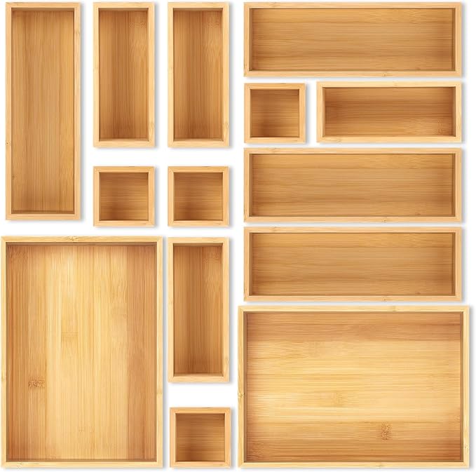 Bamboo Drawer Organizer Set, 14 PCS Multi-Use Individual Wood Storage Organizers, Junk Drawer Divider and Storage Trays Containers for Kitchen, Bathroom, Office Desk, Makeup, Jewelry, Utensils