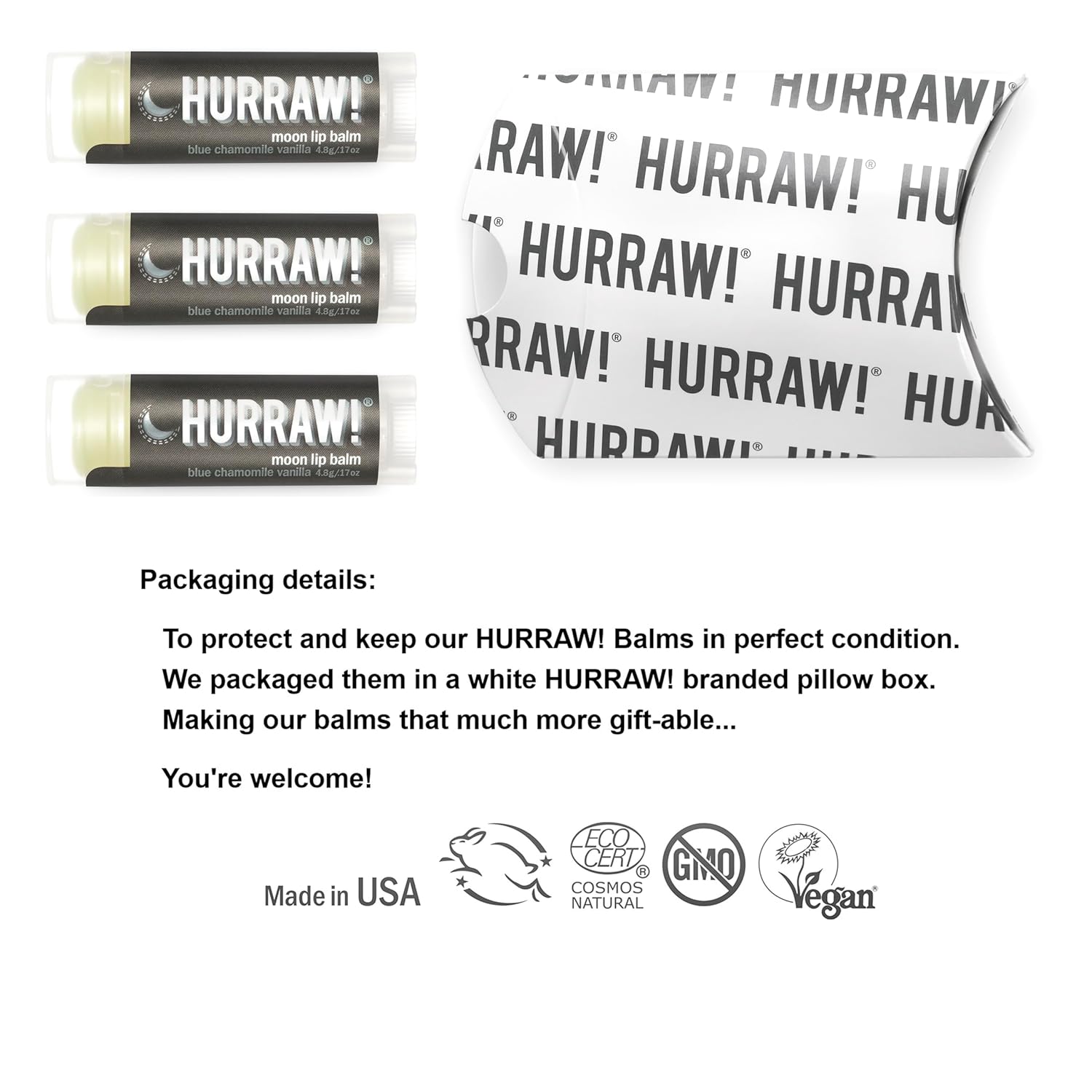 Hurraw! Moon Night Treatment (Blue Chamomile, Vanilla) Lip Balm, 3 Pack: Organic, Certified Vegan, Cruelty and Gluten Free. Non-GMO, 100% Natural Ingredients. Bee, Shea, Soy and Palm Free. Made in USA