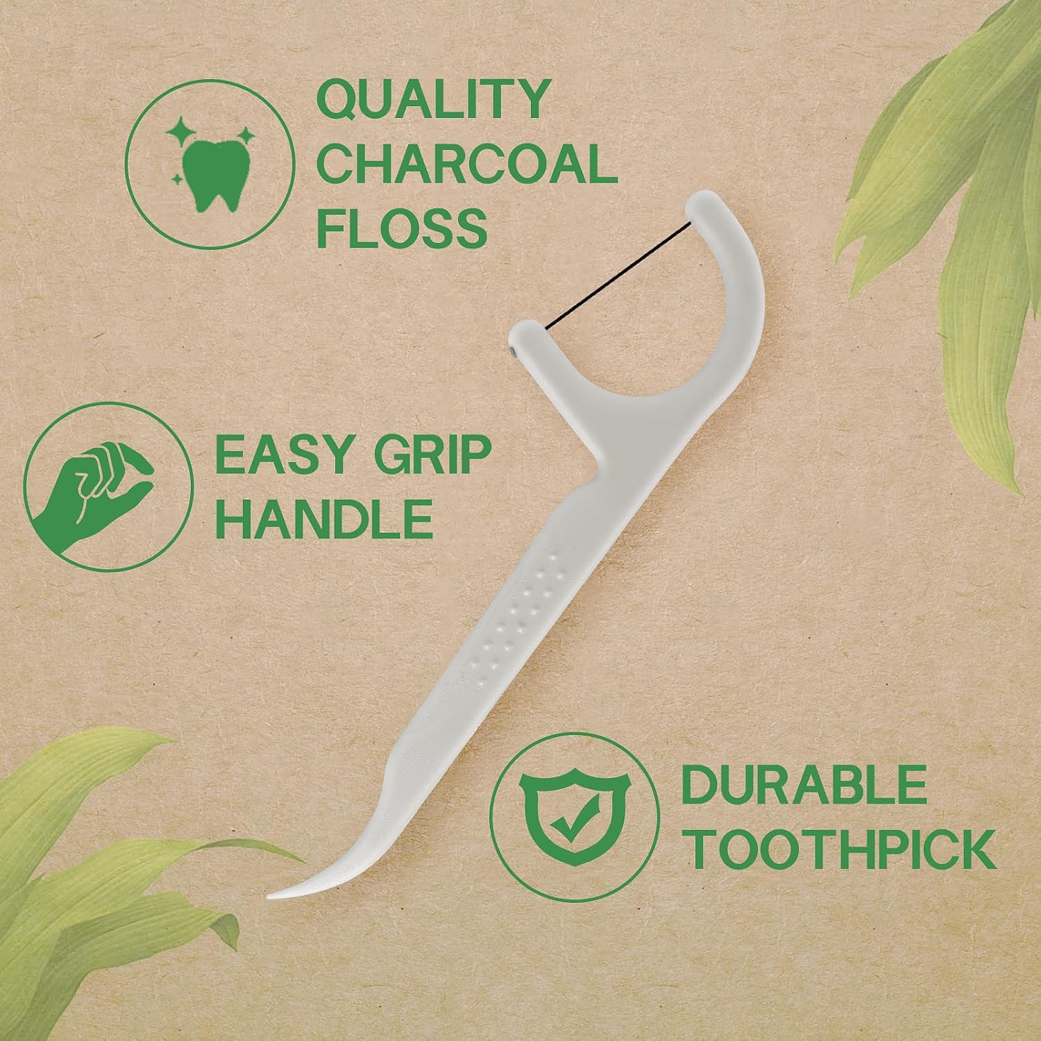 EasyHonor Organic Dental Floss Picks - Natural Biodegradable Floss Sticks with Strong Bamboo Charcoal Thread & Vegan Corn Starch Handle.(100PCS)