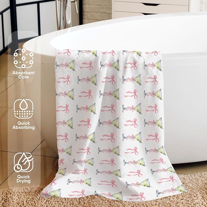 Pink Bow Martini Beach Towel, Gifts for Martini Lovers Women Girls Pool Towels, Pink Preppy Coquette Bow DirtyMaritni Large Beach Bath Travel Towels for Bathroom Swimming Camping, 30x60in