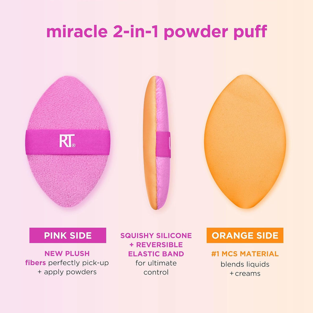 Real Techniques Miracle 2-In-1 Powder Puff, Dual-Sided, Full-Size Makeup Blending Puff, Reversible Elastic Band, Precision Tip Makeup Sponge & Powder Puff, For Liquid, Cream & Powder, 1 Count