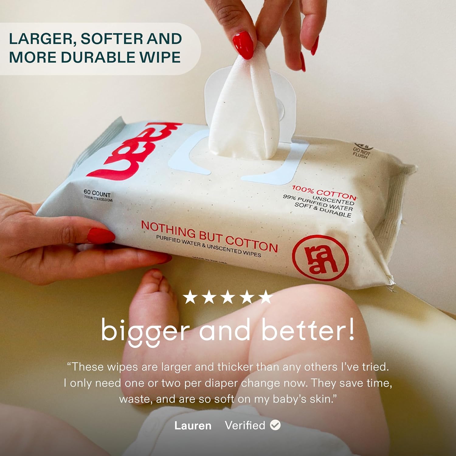 Raan, 100% Cotton Baby & Toddler Wipes, Unbleached, 99% Purified Water, Unscented, EWG verified, Made for Sensitive Skin, Extra Soft and Durable, 12 pack, 720 Count