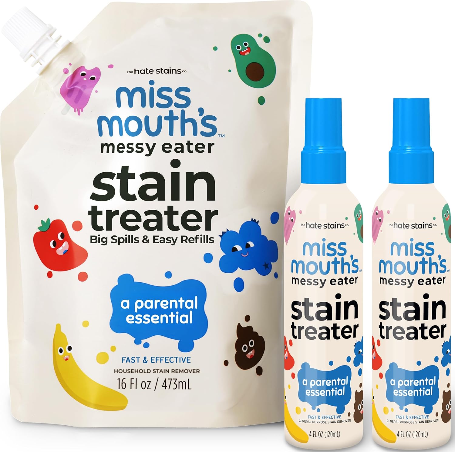 Miss Mouth's Messy Eater Stain Treater - 2 Pack Stain Remover Spray and 16oz Refill Pouch