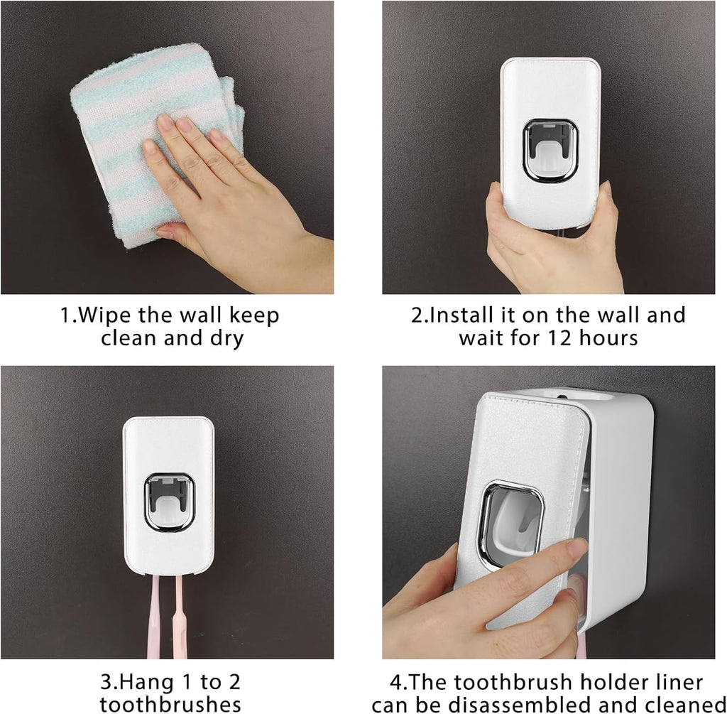 2 Slot Plastic Toothbrush Holder and Toothpaste Dispenser Wall Mounted, Automatic Toothpaste Squeezer, 2 in 1 Tooth Brush Toothpaste Organizer for Shower (White)
