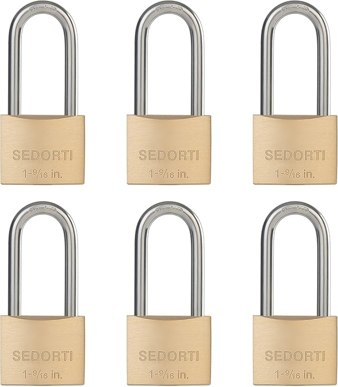 Weatherproof Padlock with Stainless Steel 304 Long Shackle and Solid Brass Body, 1-9/16 in. Wide, 6 Padlocks Keyed Alike, Marine Grade Rustproof Lock for Outdoors Use YNBSP640