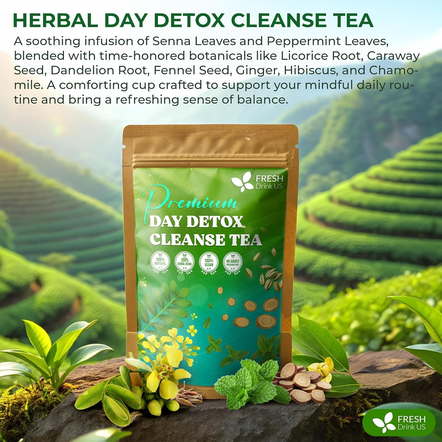 FreshDrinkUS, 75 Teabags of Herbal Day Cleanse Tea – 75 Day Program | Refreshing Mint Blend with Dandelion, Senna & Hibiscus | Naturally Supports Wellness & Light-Feeling | Caffeine-Free Herbal Tea