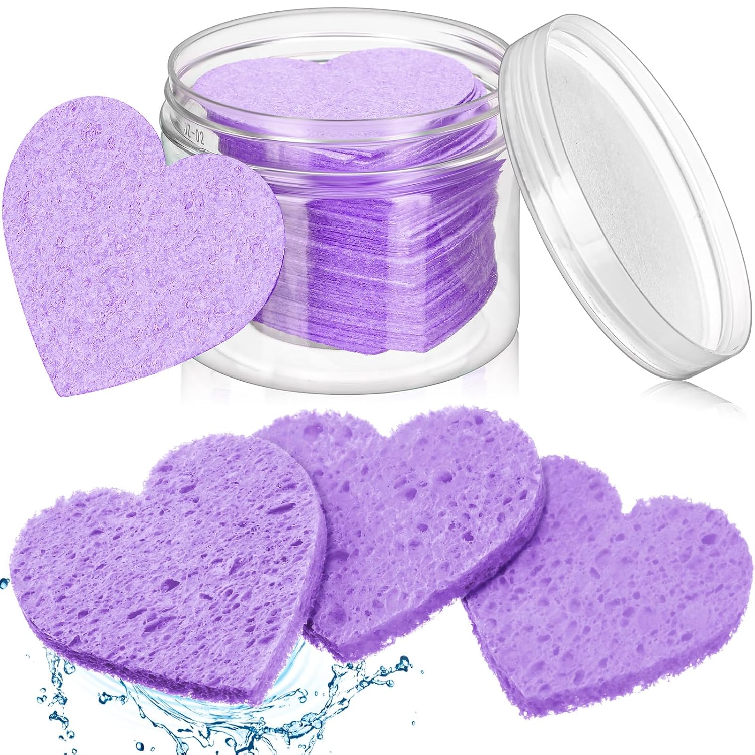 Nuenen 60 Pieces Facial Sponges with Container, Heart Shape Compressed Face Sponges Natural Cleaning Pads for Washing Face Cleaning Exfoliating Esthetician Makeup Removal(Purple)
