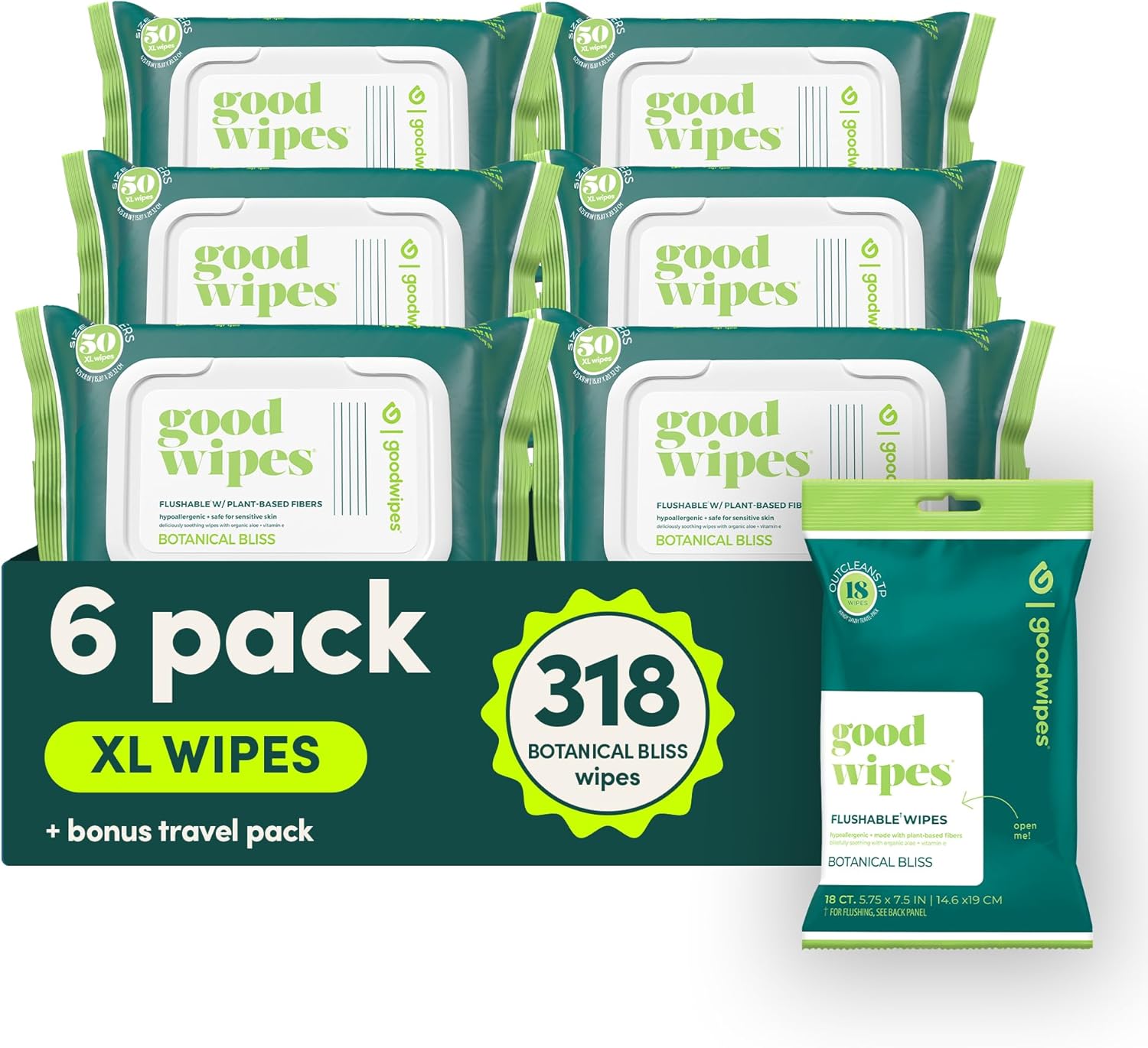 goodwipes Flushable Butt Wipes - Vitamin E & Aloe - Sewer & Septic Safe - Extra Large Adult Wet Wipes For Women & Men - Bathroom Essentials - Botanical Bliss, 318 Count (6 Packs + 1 Travel)
