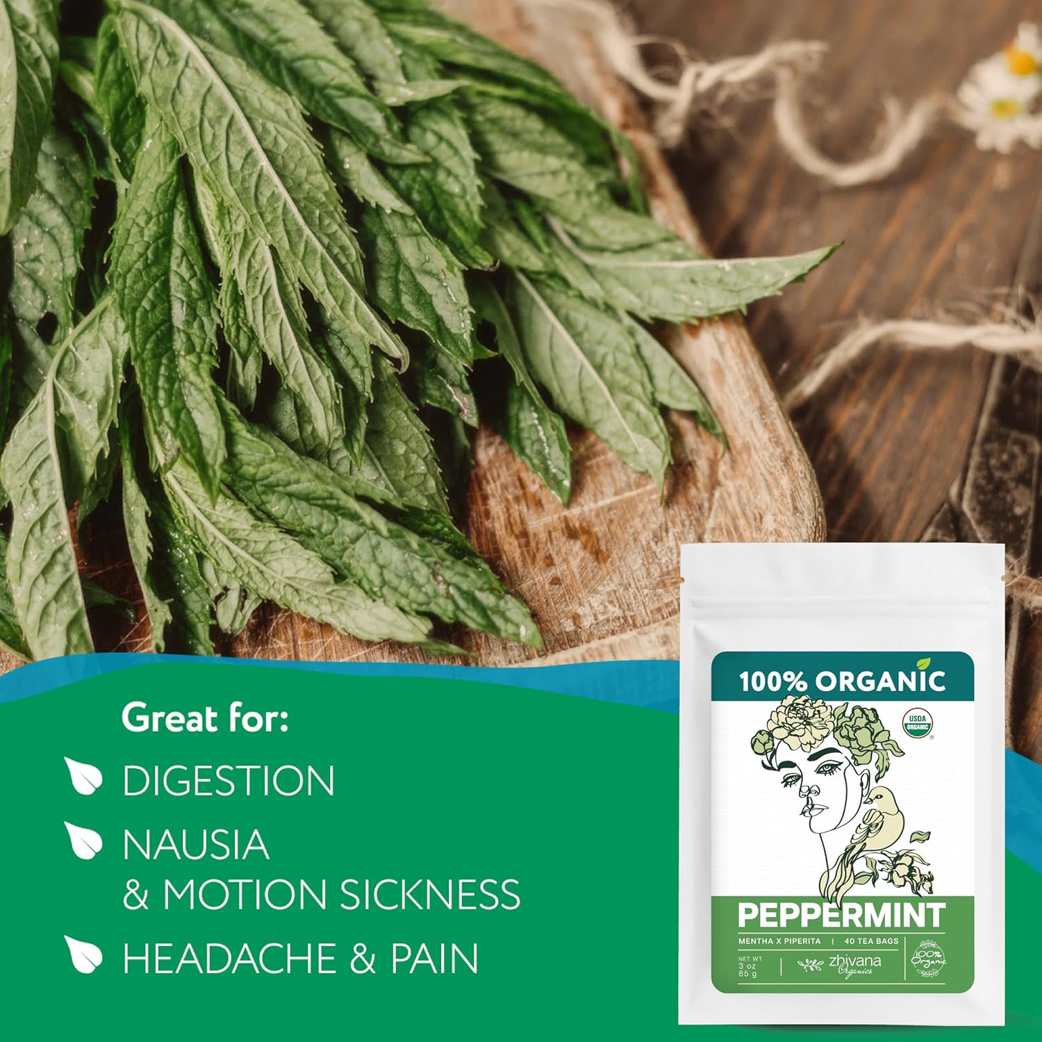 Peppermint Tea Organic (40 Tea Bags) - Hot Tea for Energy, Digestion, Nausea, Motion Sickness, Respiratory Support, Stress Relief - Te de Menta Organico Natural