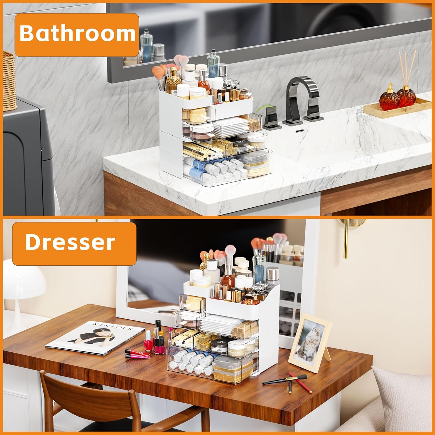 White Countertop Makeup Organizer with 6 Drawers,Large Capacity Skincare Organizers for Vanity,Desk,Dresser,Plastic Bathroom Counter Organizer for Beauty,Skin Care,Perfume,Make up Brush Organization