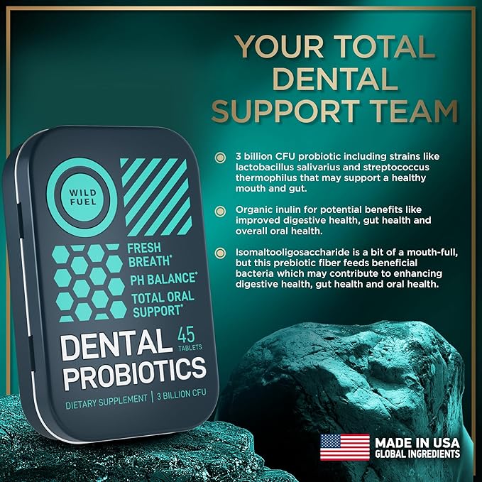 WILD FUEL Oral Probiotics for Teeth, Bad Breath, Gum Health - 3bn CFU K12 Lactobacillus Paracasei, Salivarius Dental Probiotic - Oral Probiotic Mints - 90 Fresh Breath Mint Dental Probiotics Tablets