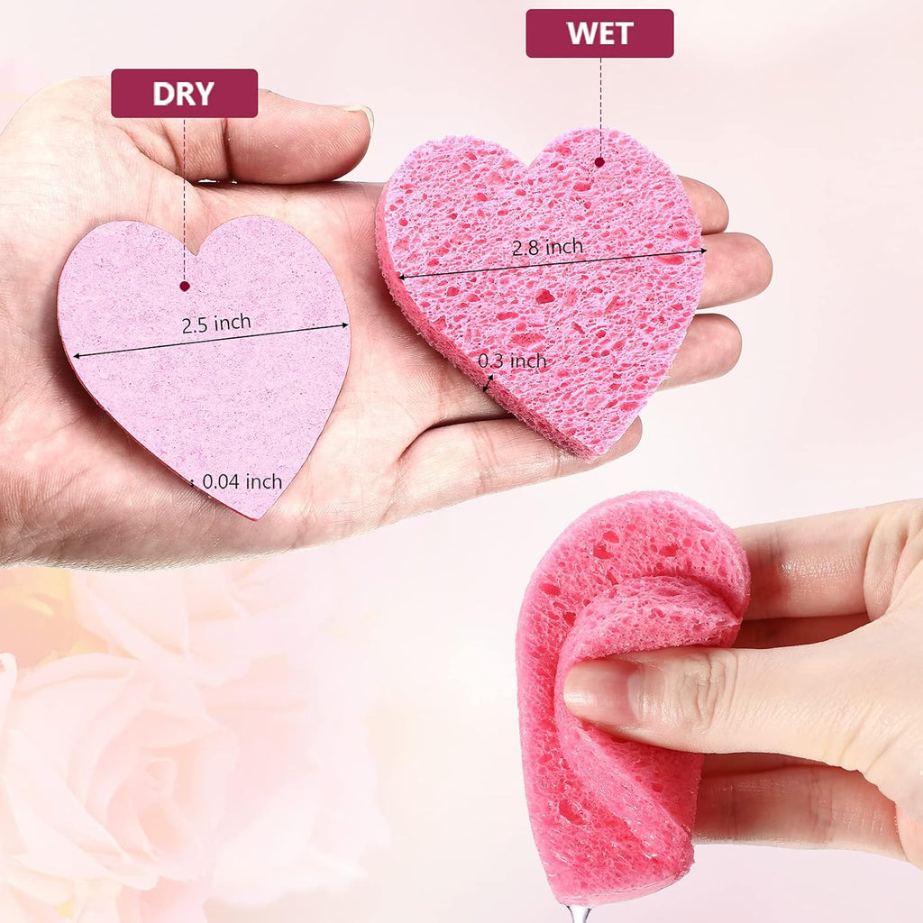 Nuenen 60 Pieces Facial Sponges with Container, Heart Shape Compressed Face Sponges Natural Cleaning Pads for Washing Face Cleaning Exfoliating Esthetician Makeup Removal(Pink)