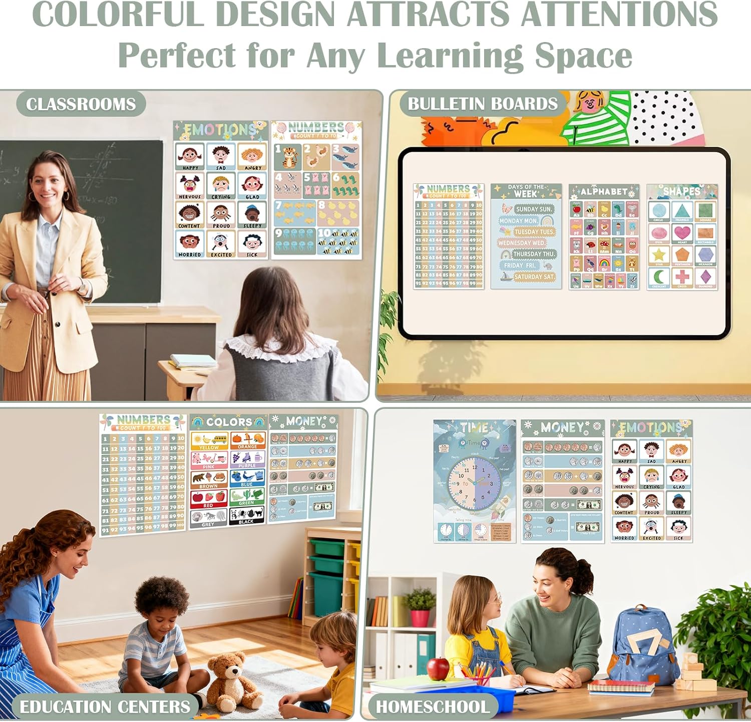 16 Educational Posters for Preschoolers, Laminated PreK Learning Poster Charts for Toddlers 1-3, Learning Wall Charts for Kids’ Bedroom, Playroom, Preschool, Kindergarten and Homeschool (Morandi B)