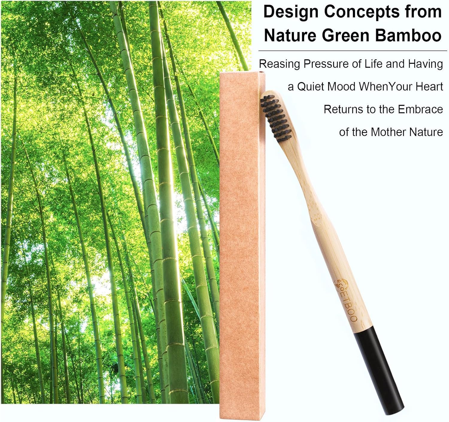 Bamboo Toothbrushes Medium Hard Bristles for Adults 10 Pack, Wooden Toothbrush Family Set Natural Organic Tooth Brush Black White