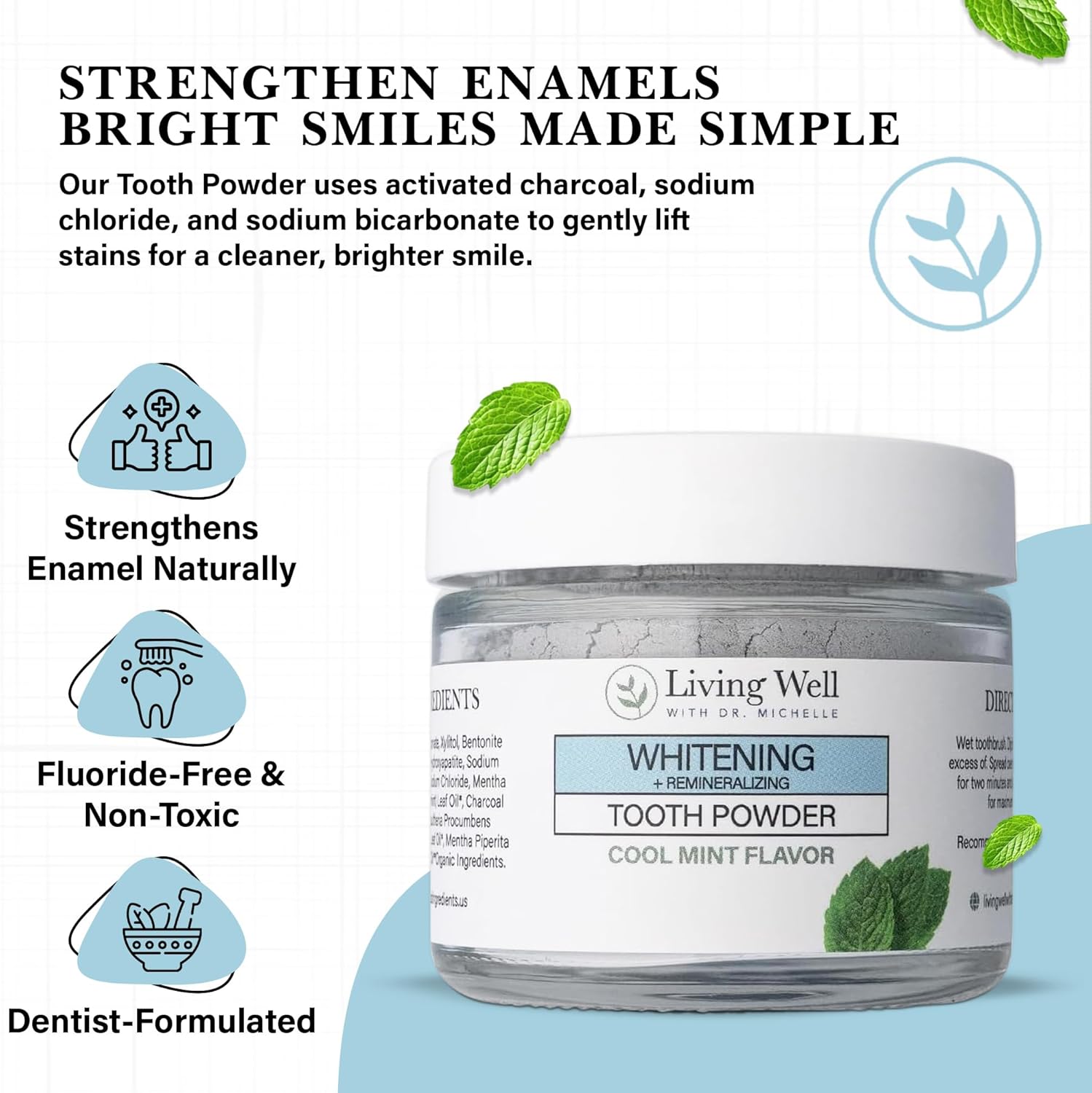 Living Well with Dr. Michelle Remineralizing & Whitening Tooth Powder Cool Mint | Fluoride-Free Hydroxyapatite Formula | Supports Enamel Strength and Natural Whitening