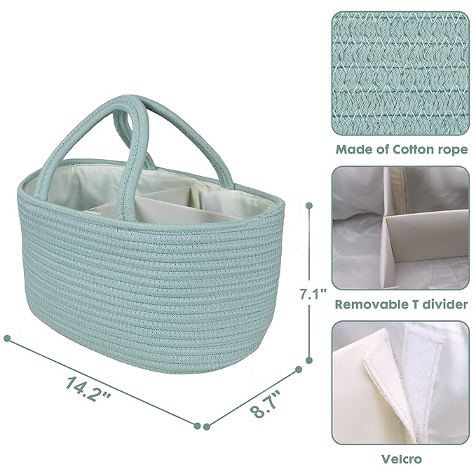 Diaper Caddy Organizer for Baby Cotton Rope Nursery Storage Bin Basket Portable Holder Tote Bag for Changing Table Car Travel Baby Shower Gifts Newborn Essentials Registry Must Haves Light Green