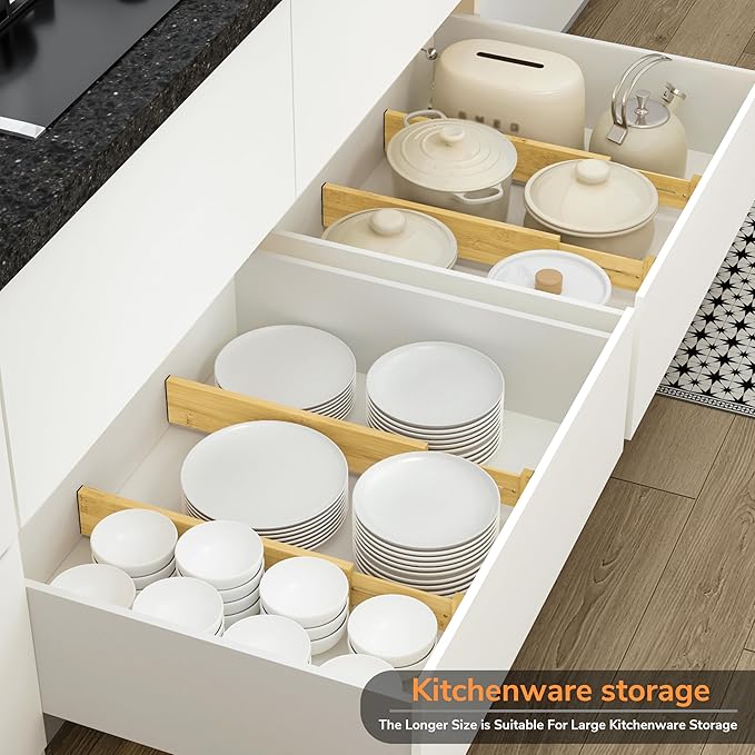 BAMEOS 3" H Large Bamboo Drawer Dividers Adjustable Drawer Organization Expandable Utensil Organizers for Kitchen Dresser Bathroom Bedroom and Office 4-pack