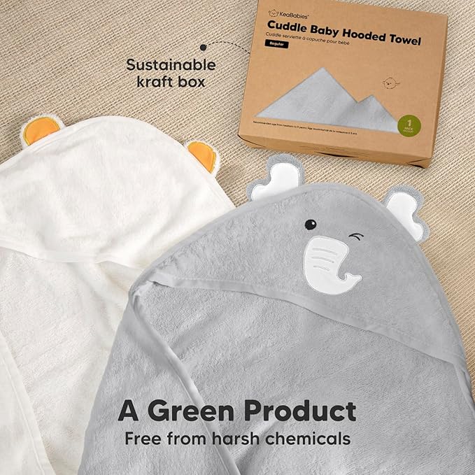 KeaBabies Hooded Baby Towel for Newborn - Viscose Derived from Bamboo Large Baby Bath Towels with Hood for Boys, Girls, Toddler, Extra Absorbent & Soft Newborn Bath Essentials (Elephant, Regular)