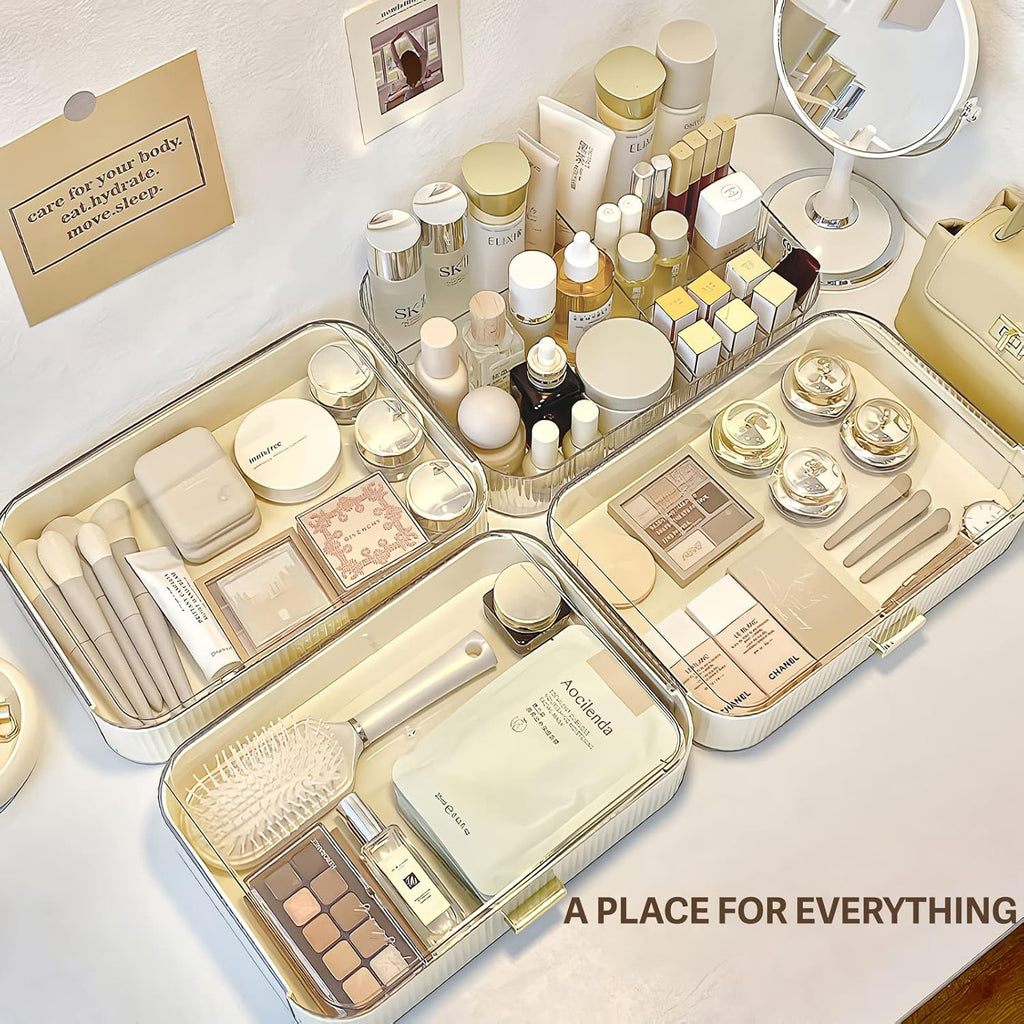 Makeup Organizer with Stackable Drawers, Bathroom Countertop Vanity Organizers and Storage, Ideal for Desk and Dresser, Great for Cosmetics, skin Care, Lipsticks, Nail Care -Cream White