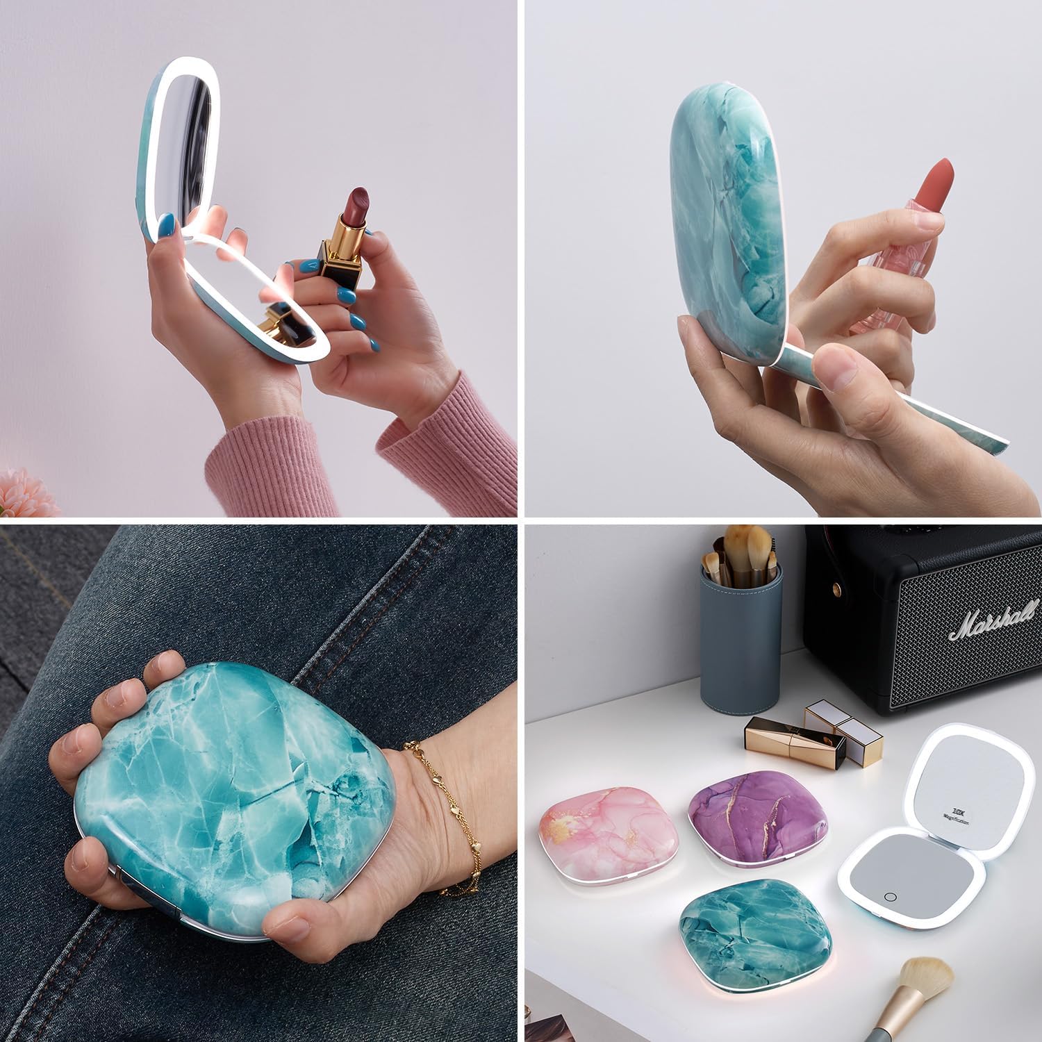 Mocado Compact LED Travel Makeup Mirror - 4 Inches 1X/10X Magnification Travel Mirror with Light Dimmable Double Sides Lighted USB Rechargeable Compact Mirror for Purse,Pocket,Travel(Green Marble)