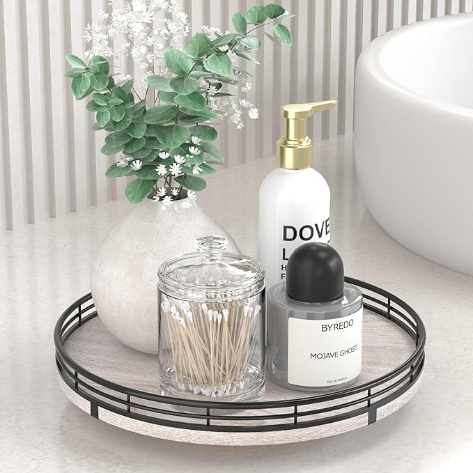10" Oak Bathroom Vanity Tray Turntable for Perfume Candle, Round Wooden Decorative Tray for Kitchen Sink Countertop Organizer, Bathroom Counter Organizer for Skincare Makeup, Rustic Whitewased