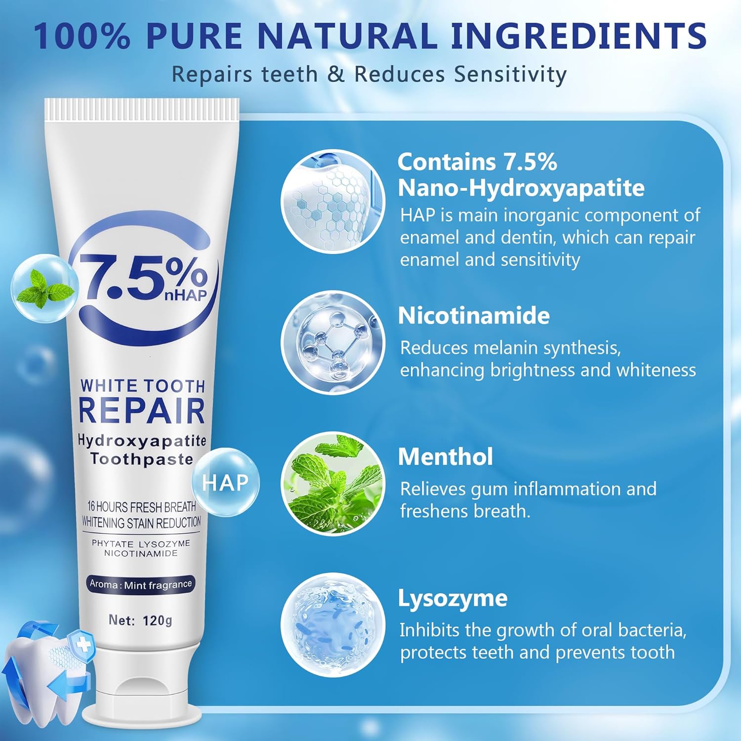 7.5% Hydroxyapatite Toothpaste-Enamel Protection and Tooth Strengthening, Fluoride-Free Safe, Nano Hydroxyapatite Toothpaste Stain Removal, Whitening Tooth, Gentle Mint, Fresh Breath 3pcs