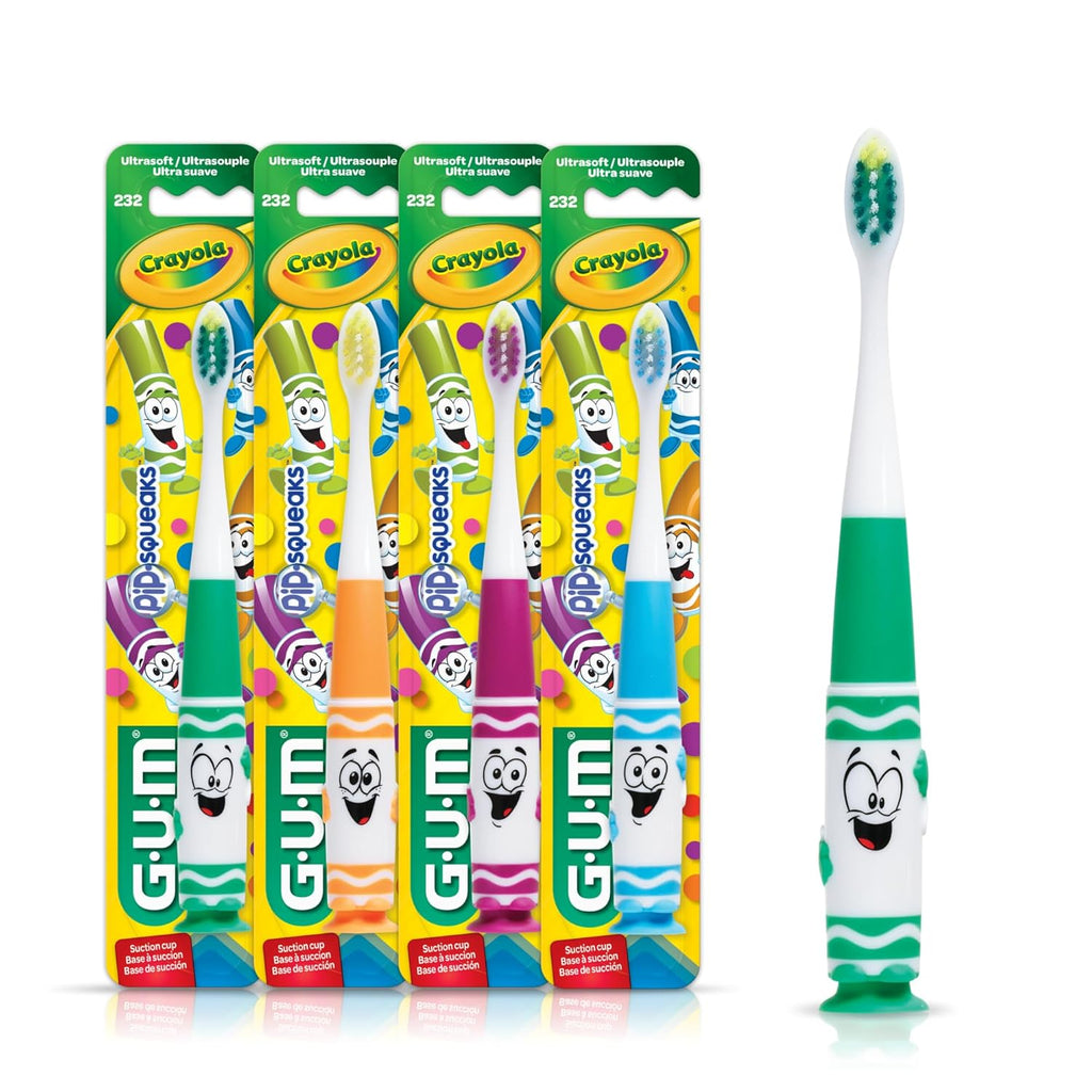 GUM Crayola Pip-Squeaks Kids' Manual Toothbrush, Extra Soft Bristle Toddler Toothbrush for Ages 3+, Suction Cup Base, 1 Count (Pack of 4)