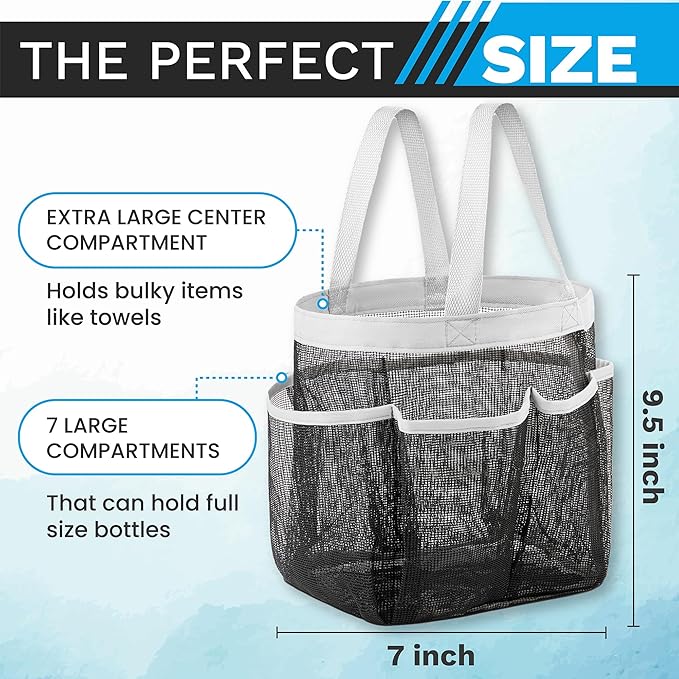 Handy Laundry Mesh Shower Caddy - 7 Pocket Portable Bathroom Organizer Tote for Travel, Gym & Dorm - Collapsible Small Shower Caddy Bag to Hold Toiletries & Essentials (Black)
