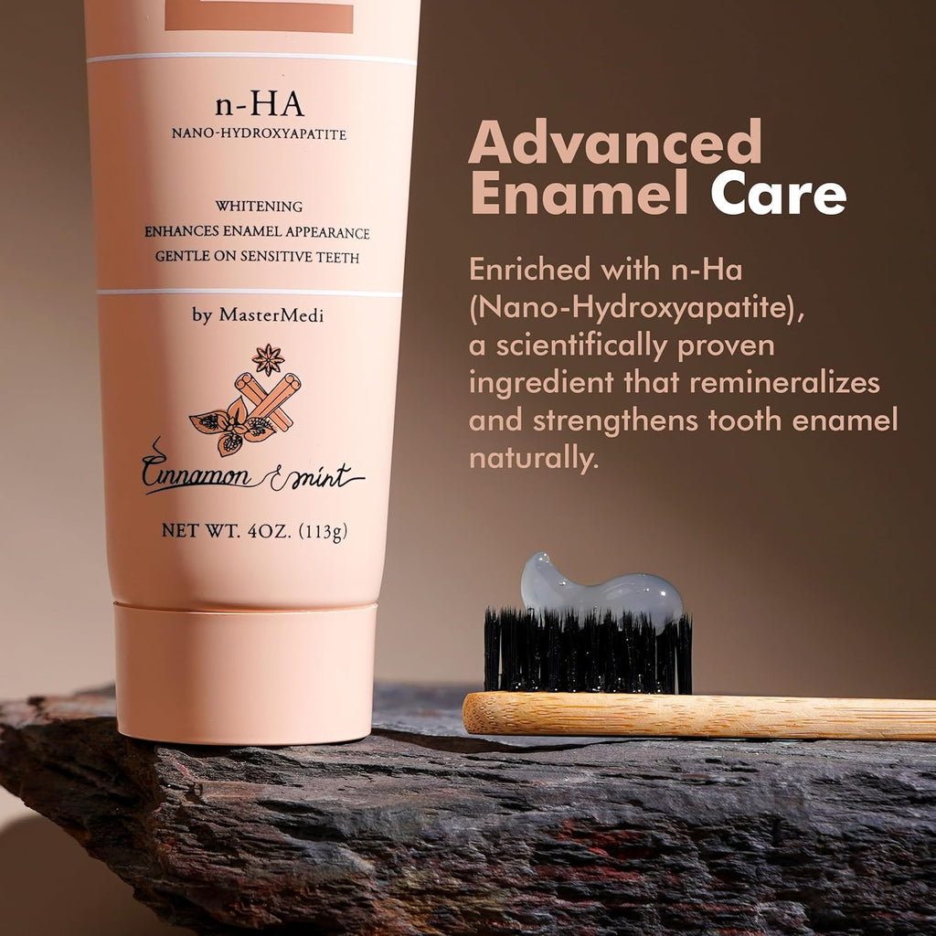 MasterMedi Nano Hydroxyapatite Toothpaste (Inspired by 10% nHA Formulas), Fluoride-Free, Whitening & Sensitivity Relief, Enamel Repair Support, SLS-Free, Xylitol, Mint & Cinnamon 4 Oz (Pack of 2)