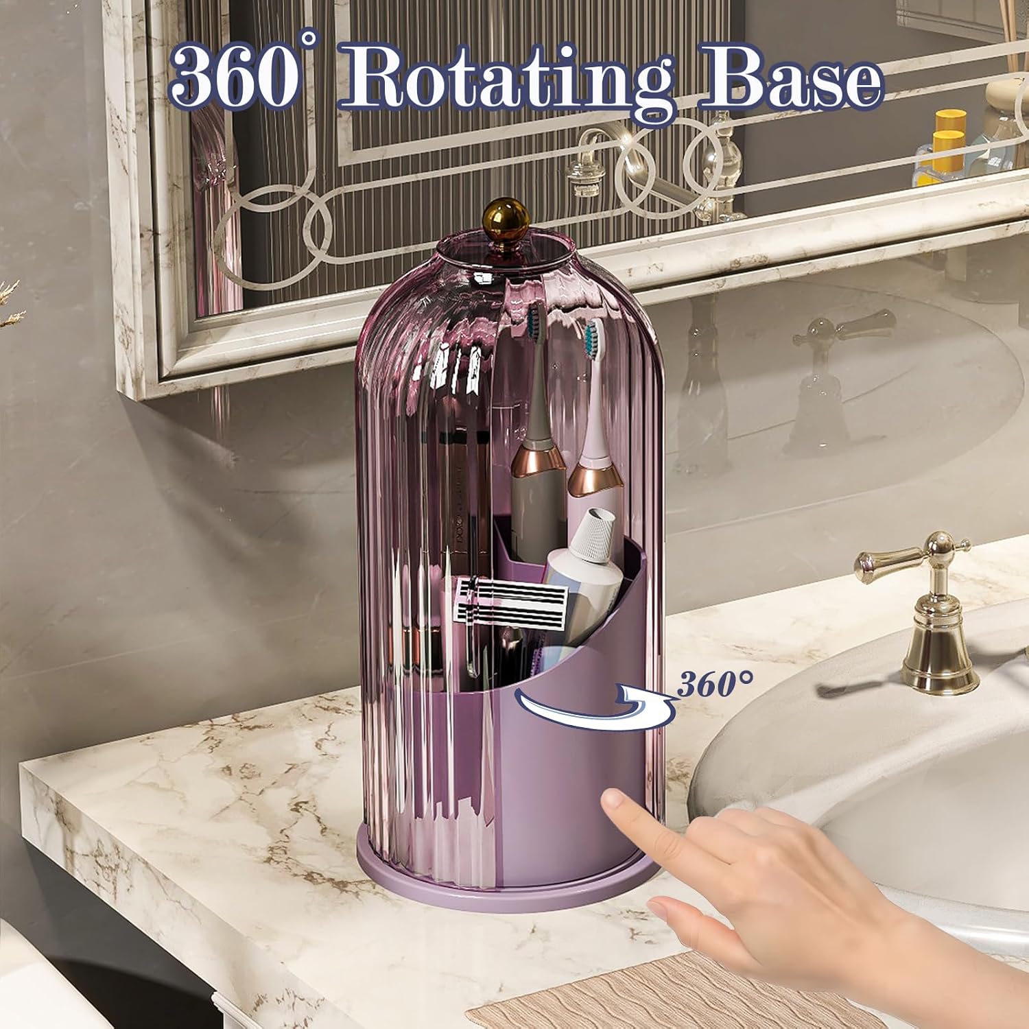 Dustproof Toothbrush Holders with Cover, Rotating Electric Toothbrush and Toothpaste Holder for Bathroom Countertop, 3 Slots Makeup Brushes Organizer, All Pink