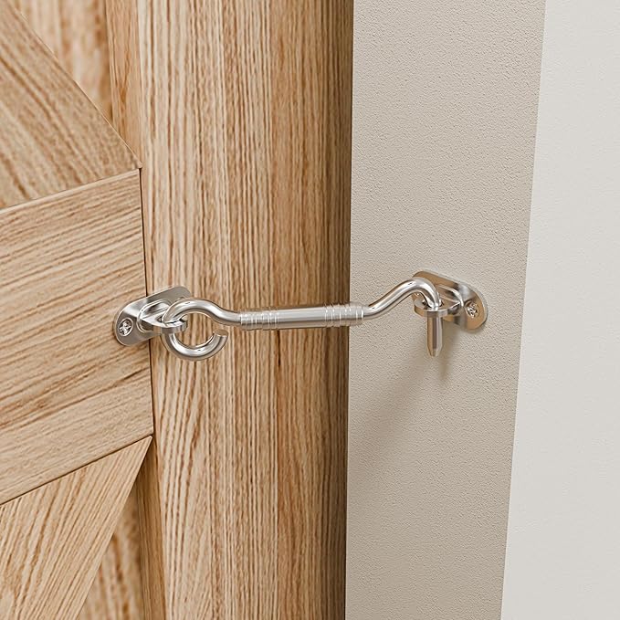 4'' Door Latch Door Lock Hardware, 4'' Stainless steels Hook and Eye Gate Latch Easy Lock for Barn Door, Silver Sliding Door Lock with Screws for Window, Cabin Hooks