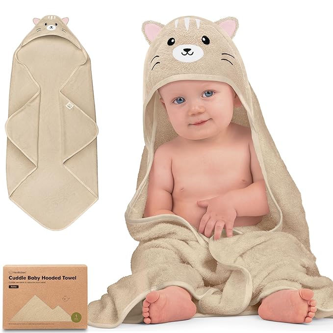 KeaBabies Hooded Baby Towel for Newborn - Viscose Derived from Bamboo Large Baby Bath Towels with Hood for Boys, Girls, Toddler, Extra Absorbent & Soft Newborn Bath Essentials (Cat, Petite)