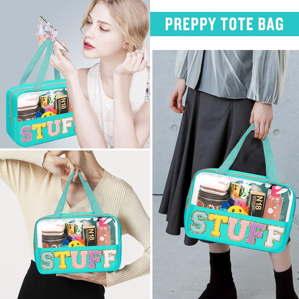 Preppy Clear Stuff Makeup Bags with Chenille Letter Patches, Travel Essentials Large Clear Make up Bag Zipper Pouch with Handle, Waterproof Nylon Cosmetic Toiletry Storage Tote for Women (STUFF-Green)