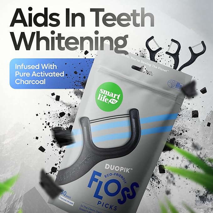 SmartLifeco Eco-Friendly Dual-Thread Dental Floss Picks (100ct) - Flossers Made with Straw Wheat Blend, Natural Teeth Whitening, Tooth Pick Stick for Adults, Activated Bamboo Charcoal Floss Thread