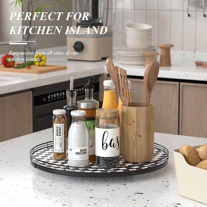 18" Black and White Kitchen Lazy Susan Turntable, Round Checkered Decorative Tray, Large Lazy Susan for Dining Table Centerpiece, Pantry, Kitchen, Bathroom, Countertop, Cupboard, Home Decor