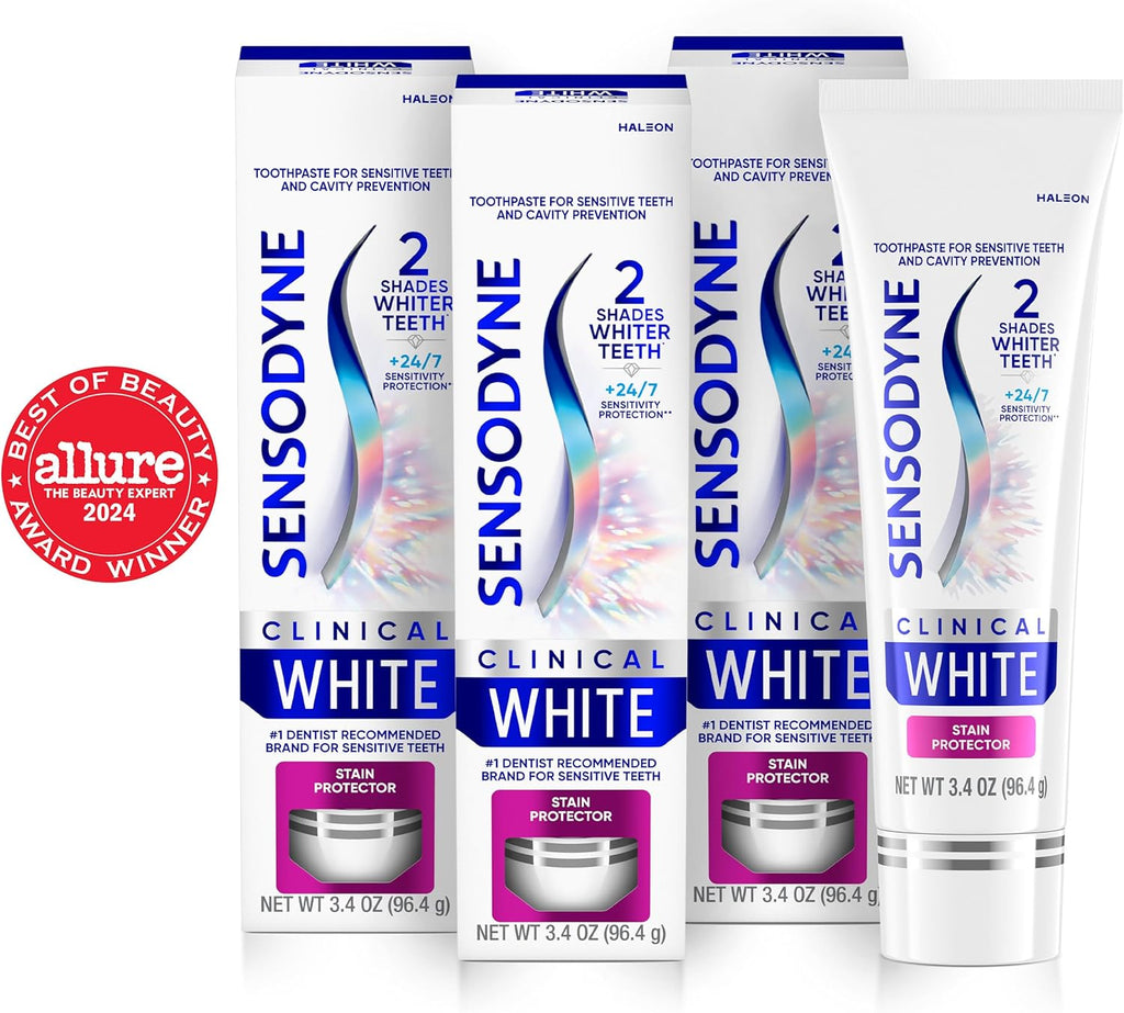 Sensodyne Clinical White Toothpaste Clinically Proven Whitening for Sensitive Teeth, Stain Protector, 3.4 oz x 3