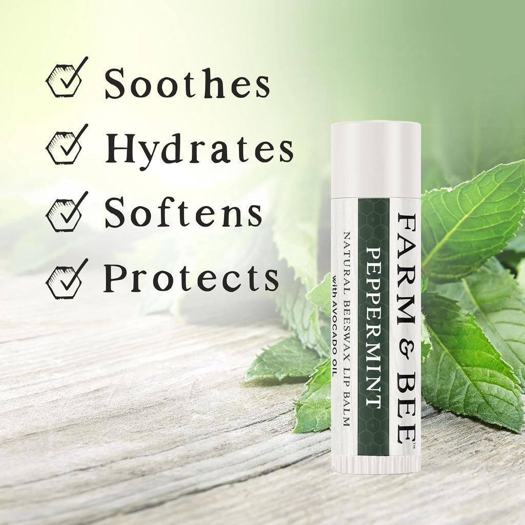 Natural Lip Balm - Organic & Natural Ingredients - Beeswax Based Moisturizing Lip Care Chapstick for Chapped Lips - Great Gift Idea - Farm & Bee - 0.15oz (Pack of 4 - Peppermint)