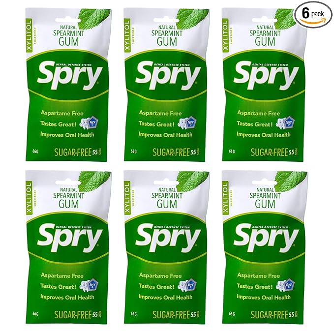 Spry On The Go Fresh Natural Xylitol Chewing Gum Dental Defense System - Aspartame-Free, Sugar-Free, Non-GMO (Spearmint, 55 Count - Pack of 6)