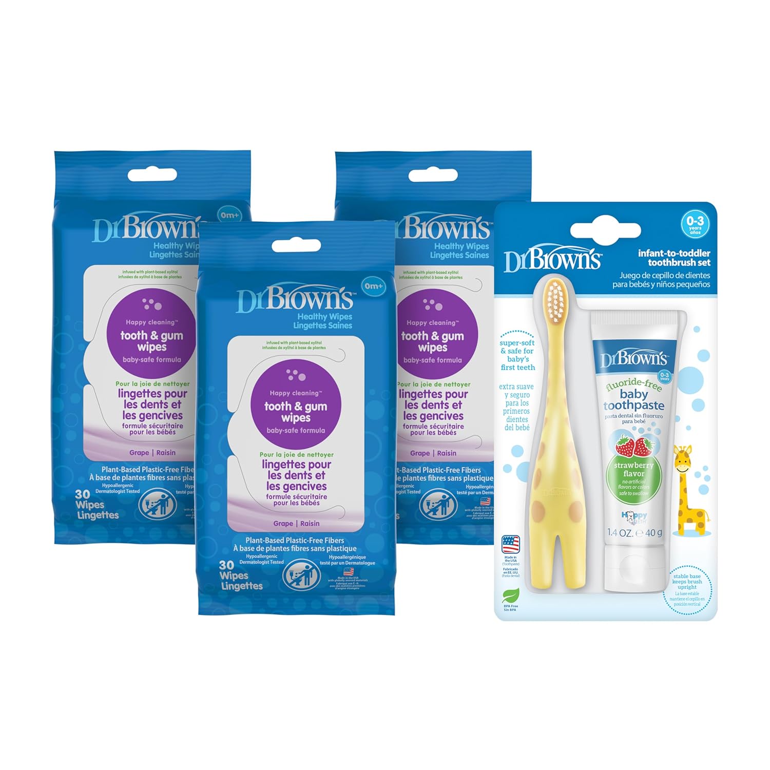 Dr. Brown's Tooth and Gum Wipes 30 Count 3-Pack, Infant-Toddler Toothbrush and Toothpaste Set with Strawberry Toothpaste - Giraffe - 1.4oz - 0-3 years