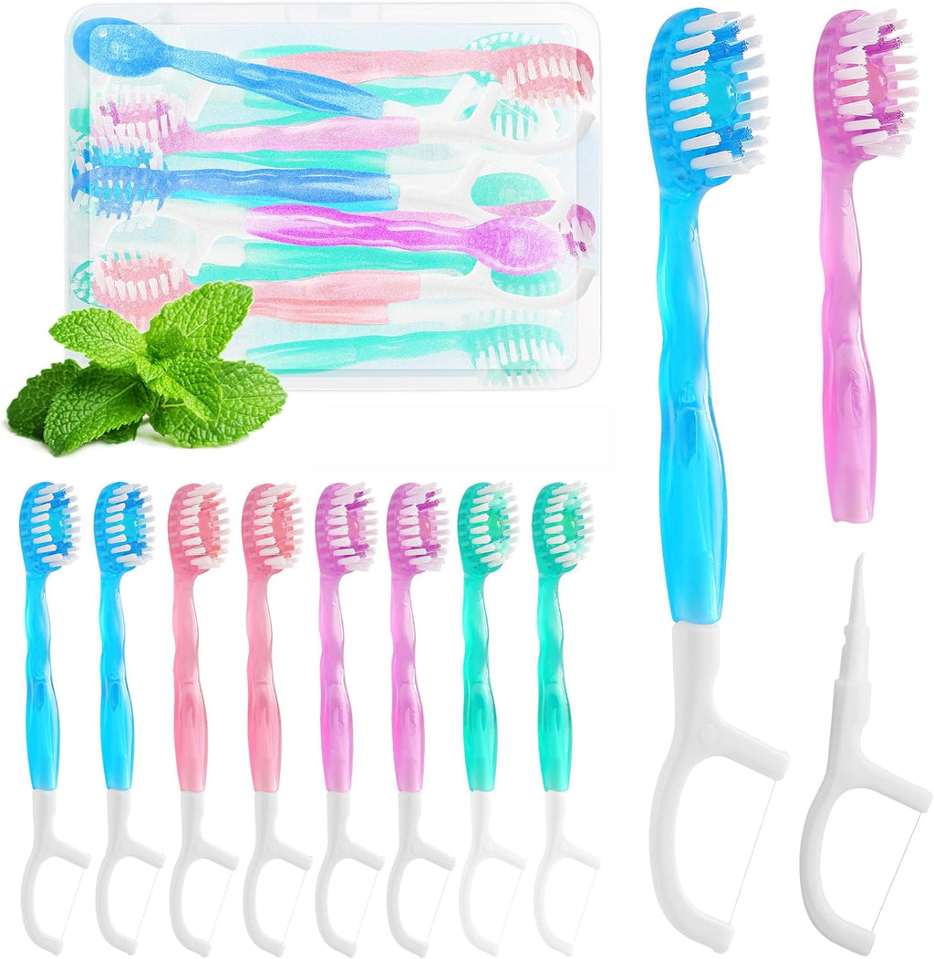 Mini Toothbrush Disposable with Toothpaste,Tongue Scrapers,Floss and Pick.Travel Tooth Brush Pack for Work or Travel.Individually Wrapped, 10 Count, Mint and Three Other Fruit Flavors