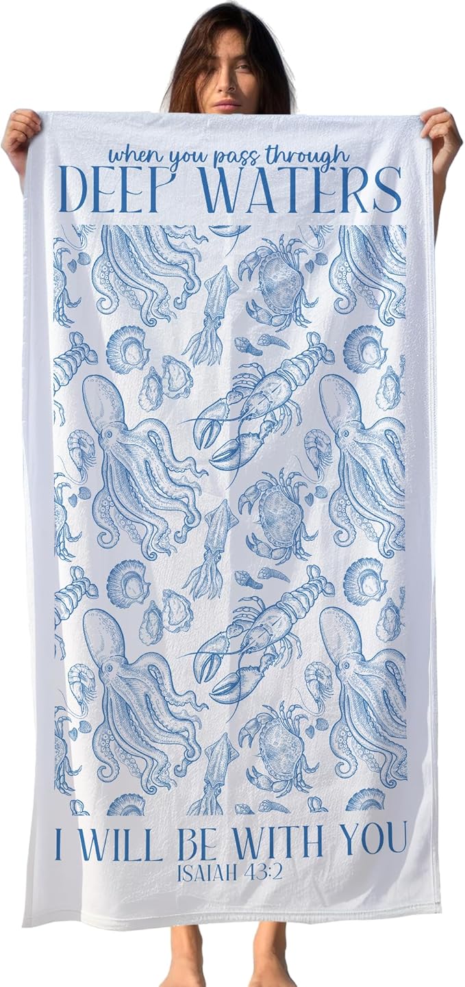 Blue Christian Coastal Beach Towel, Ocean Sea Animal Pool Towels, Coastal Christian Bible Large Beach Bath Travel Towels, I Will Be with You Blue Ocean Themed Bathroom Accessories Decor,30x60in
