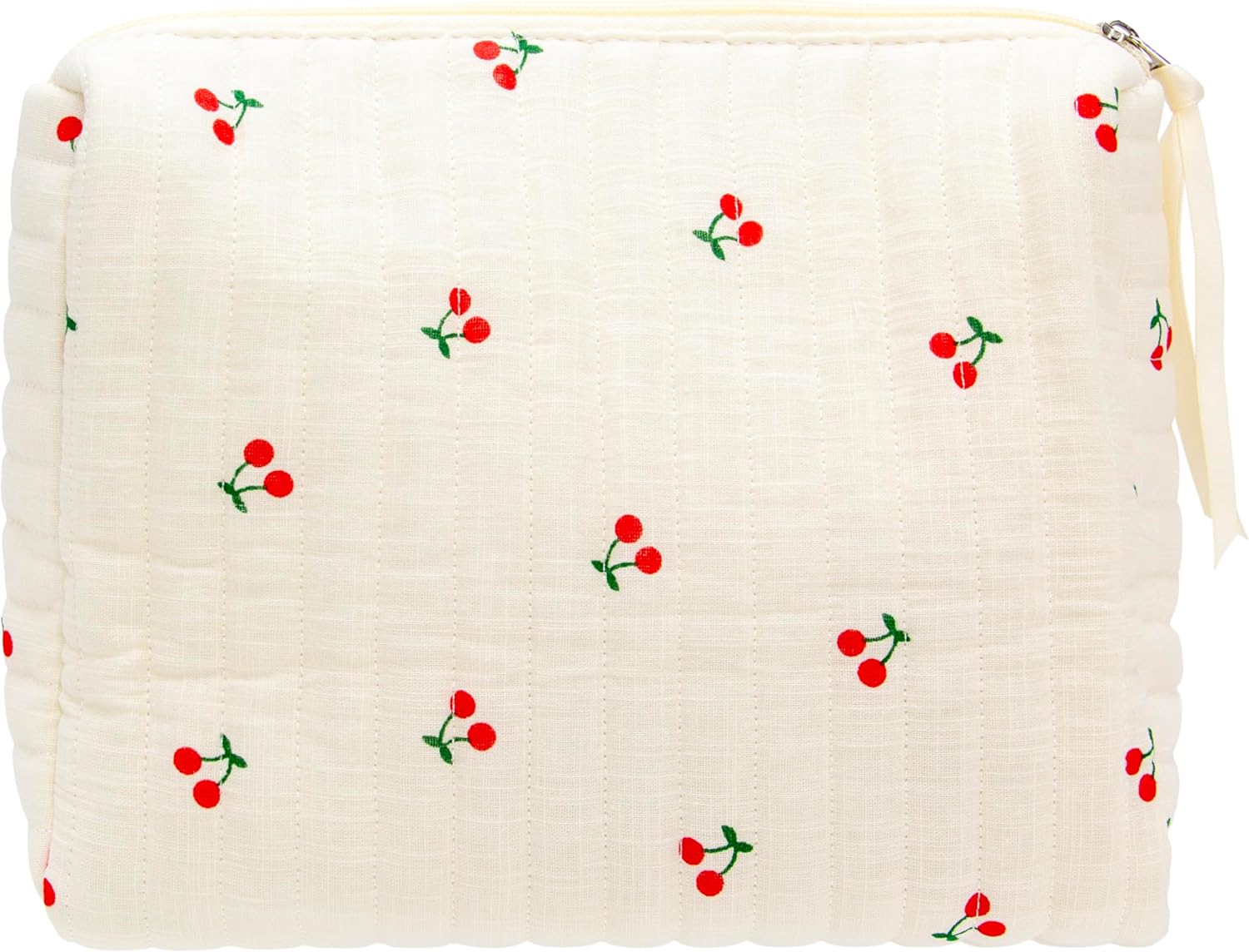 PAZIMIIK Quilted Makeup Bag Large Travel Zipper Soft Cosmetic Pouch for Women Girls Make Up,Cherry Beige